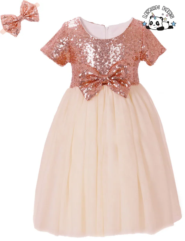 LEZONKIDS - Girls' Sequins Gauze Dress New Style Children's Short Sleeved Flower Children's Dress Princess Bowknot Peng Peng Dress